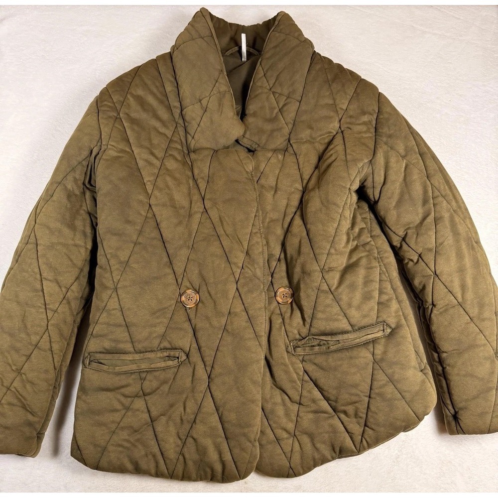 Free People Quilted Puffer Jacket Olive Green Double Breasted Oversized XS